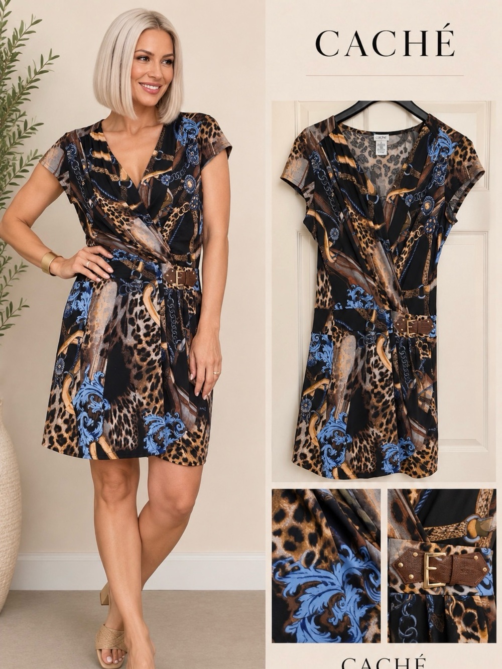 Cache Animal Print Multi-Print Belted Dress, Perfect Condition